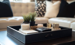 How can adding a tray on a coffee table turn loose items into a neat display
