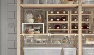 How can using transparent containers in open shelves change how you store things